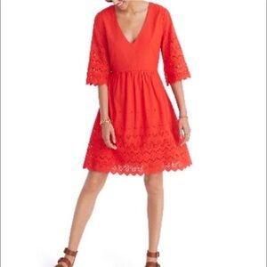 Madewell Bright Poppy Red Eyelet Lattice V-Neck Summer Dress